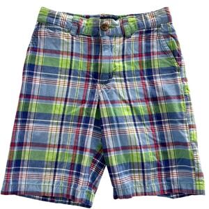 Polo Ralph Lauren Boys Blue Green Plaid Madras Cotton Chino Shorts Size 7 Pony
